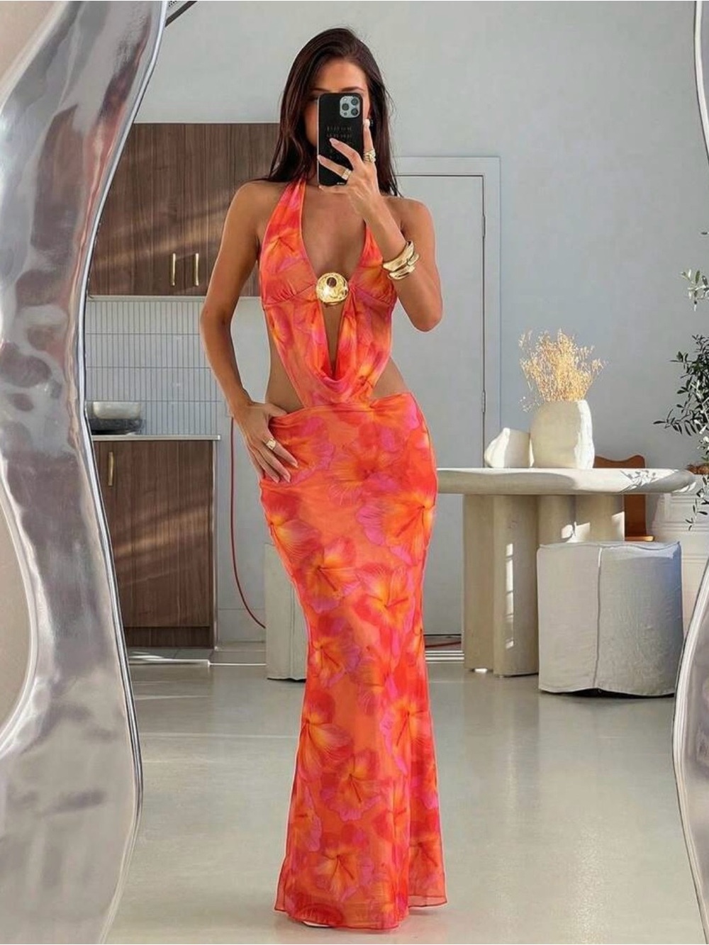 Plunging Halter Floral Maxi Dress in Orange-Pink